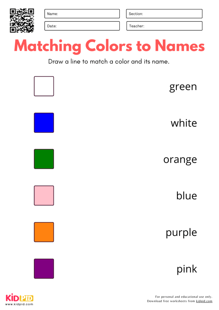 Match Color with Name Worksheet for Kindergarten