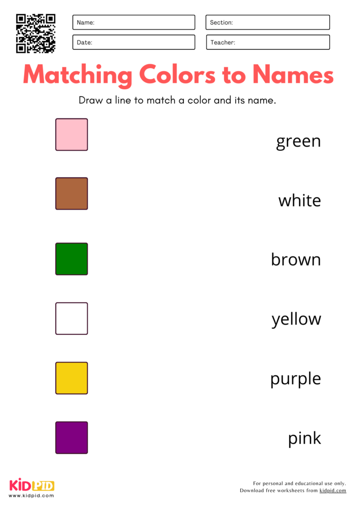 Match Color with Name Worksheet for Kindergarten
