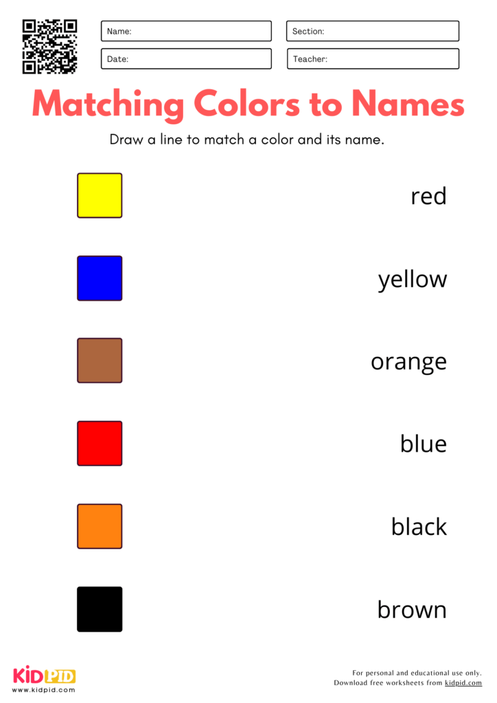 Match Color with Name Worksheet for Kindergarten