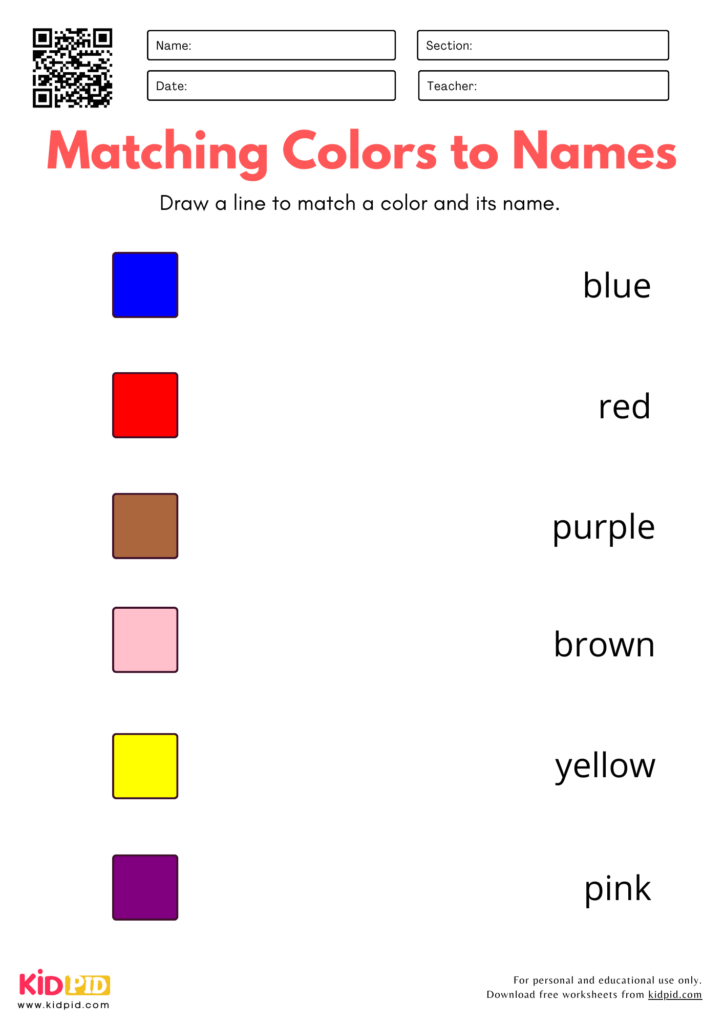 Match Color with Name Worksheet for Kindergarten