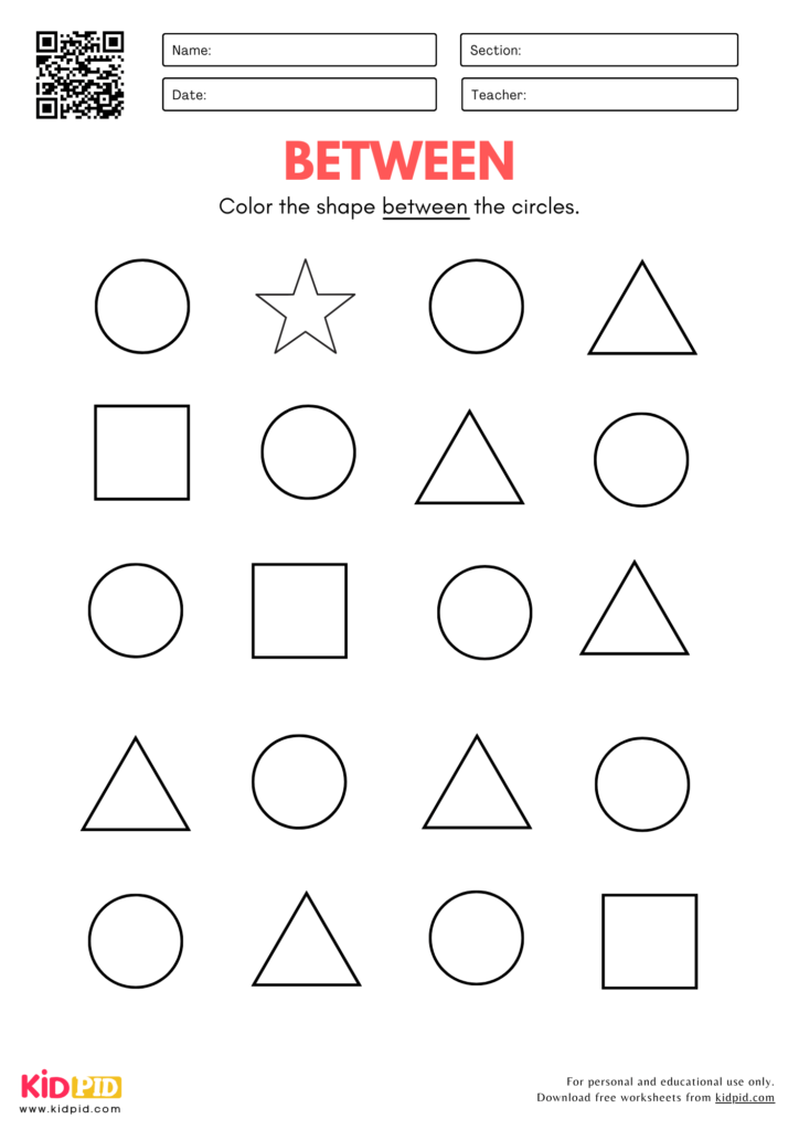 Between Position Worksheet for Kindergarten