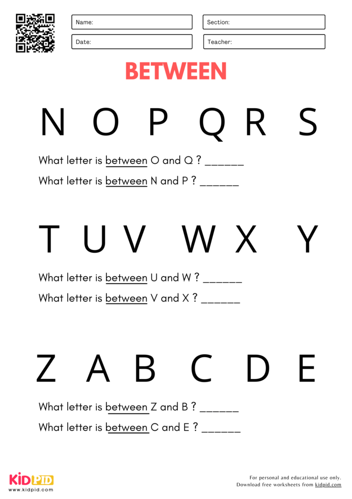 Between Position Worksheet for Kindergarten