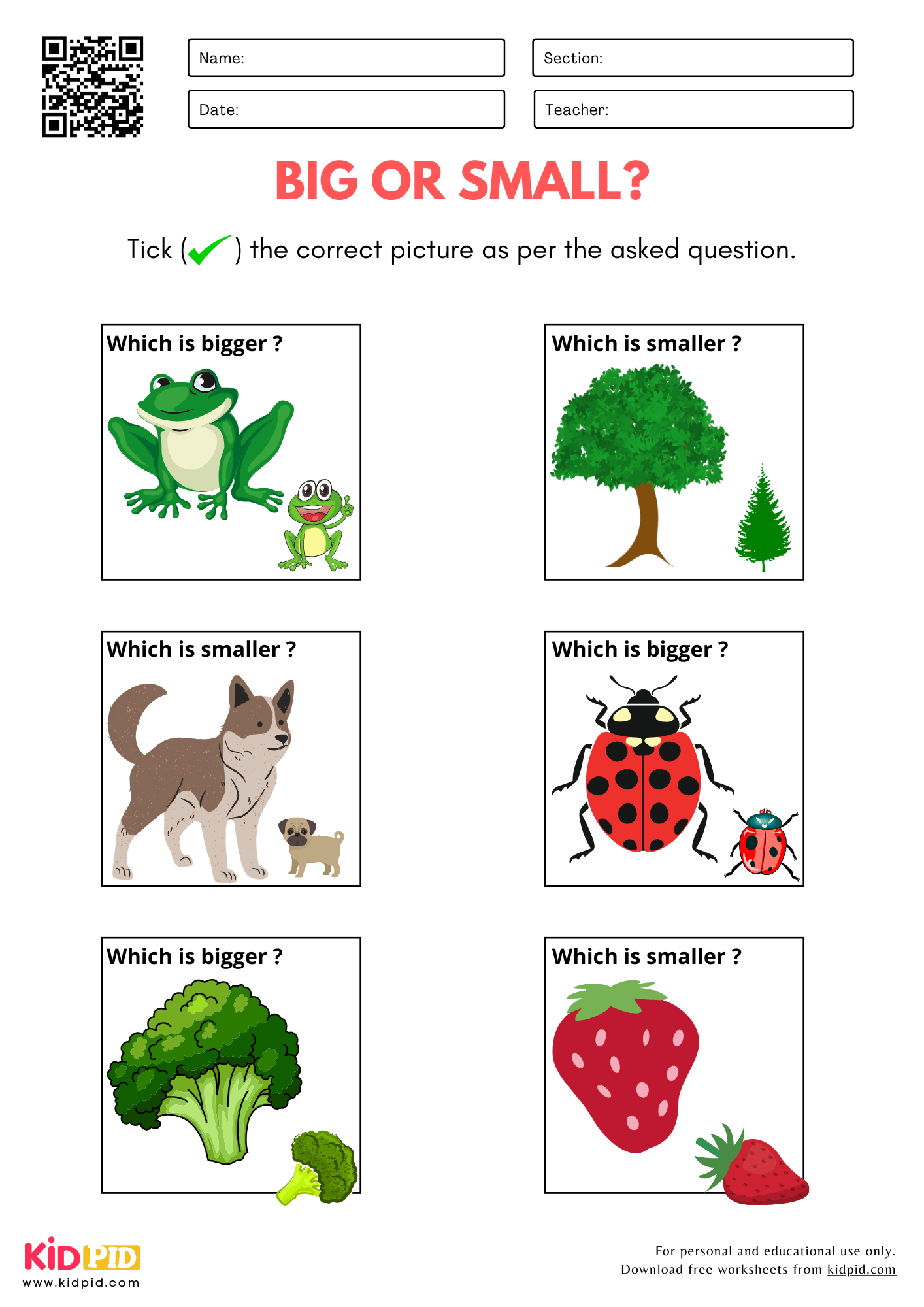 Big or Small Size Comparison Worksheet for Kindergarten - Kidpid