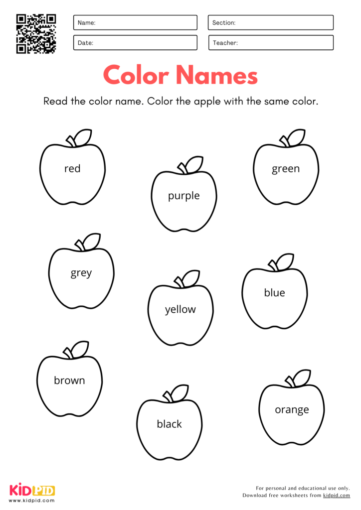 Color Names Worksheet for Kindergarten