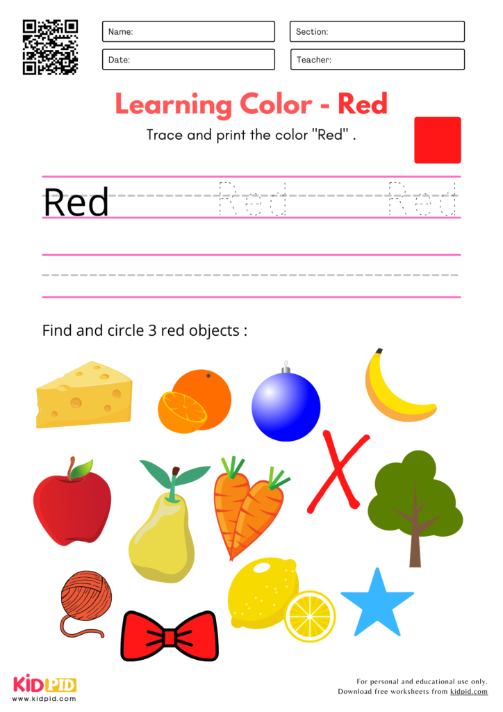 Identify Colors & Tracing Worksheet for Kindergarten