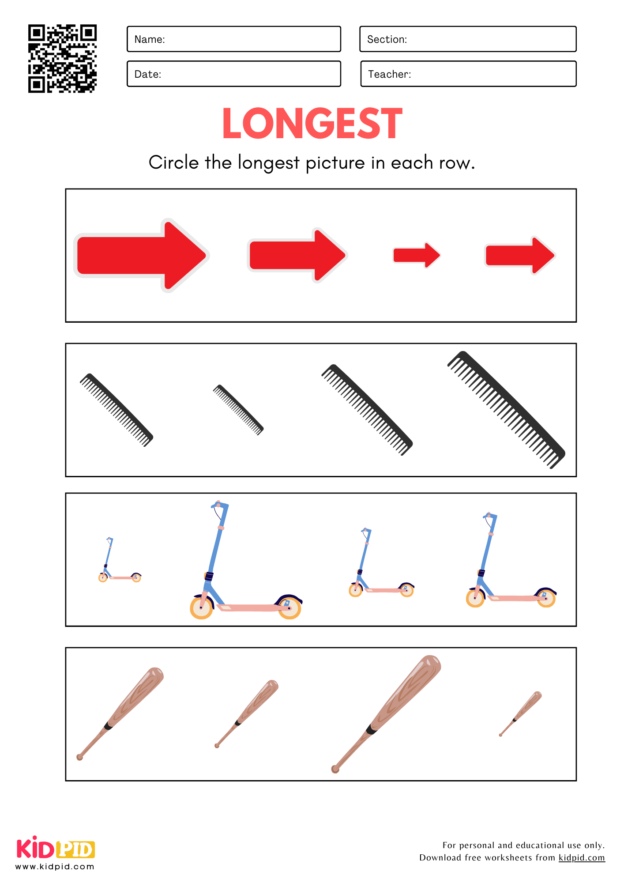 Longest and Shortest Size Comparison Worksheet for Kindergarten - Kidpid
