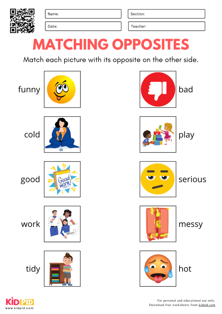 Matching Opposites Pictures Worksheet for Kindergarten