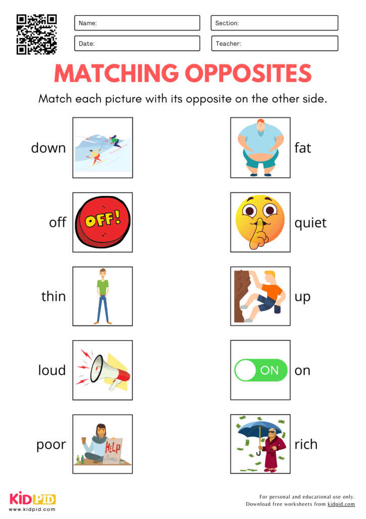 Matching Opposites Pictures Worksheet for Kindergarten
