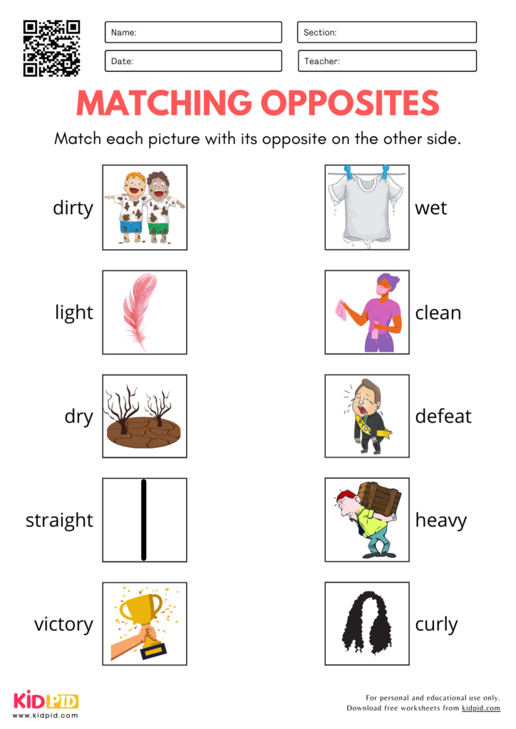 Matching Opposites Pictures Worksheet for Kindergarten