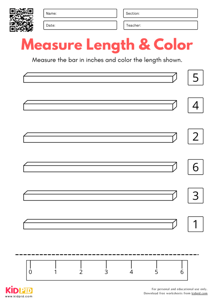 Measure & Color Worksheet for Kindergarten