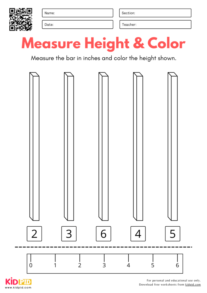 Measure & Color Worksheet for Kindergarten