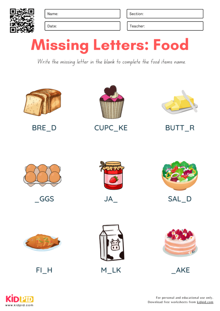 Missing Letters of Food Worksheet for Grade 1