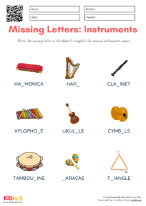 Missing Letters of Musical instruments Worksheet for Grade 2 - Kidpid
