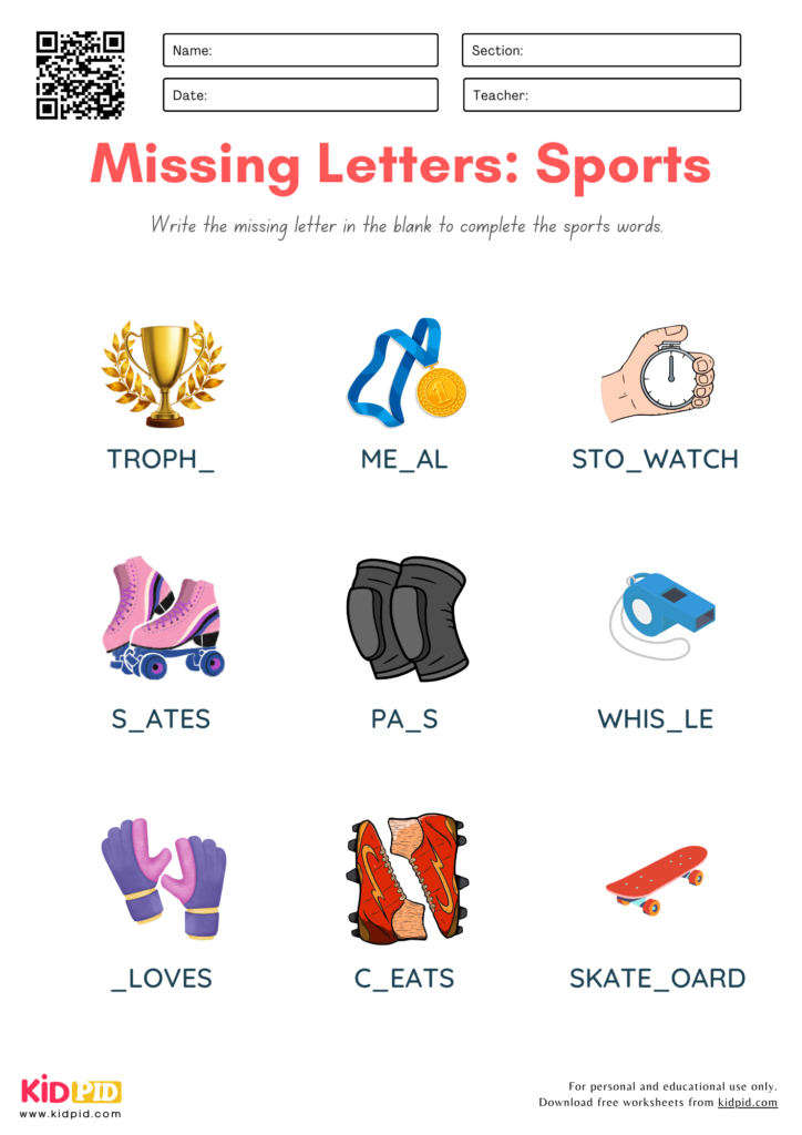 Missing Letters of Sport Words Worksheet for Grade 2