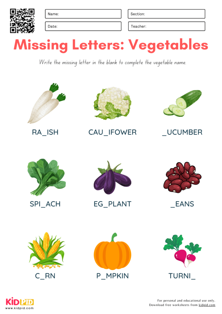 Missing Letters of Vegetables Worksheet for Grade 1