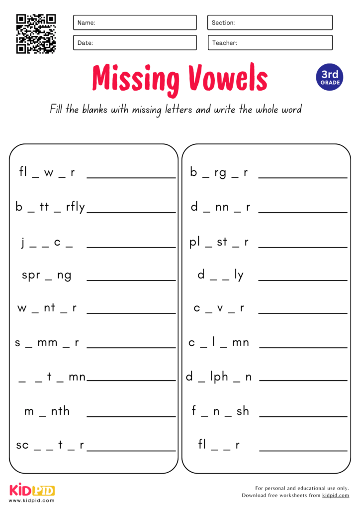 Missing Vowels Worksheet for Grade 3