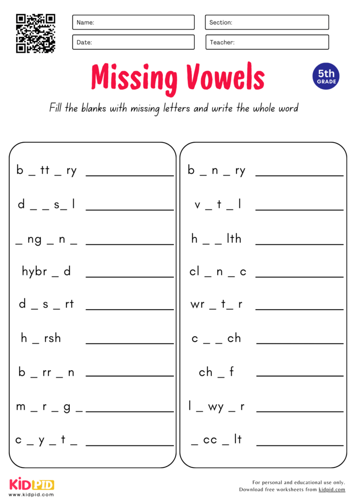 Missing Vowels Worksheet for Grade 5