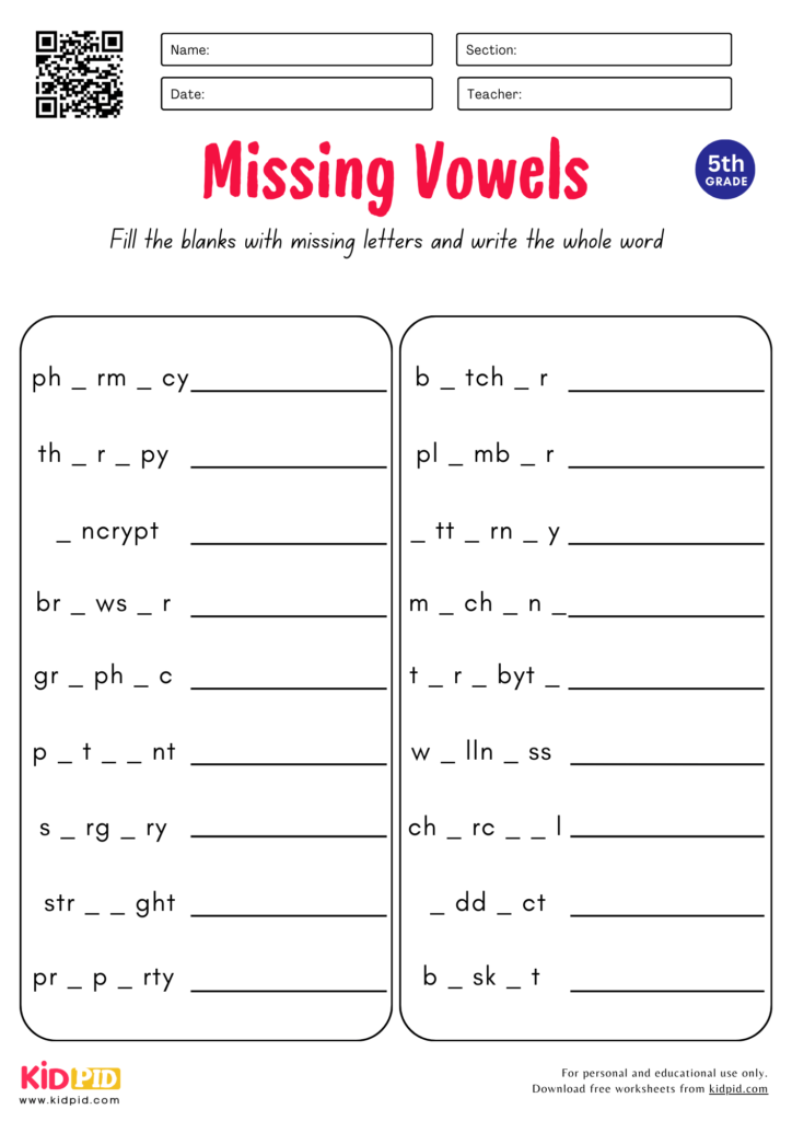 Missing Vowels Worksheet for Grade 5