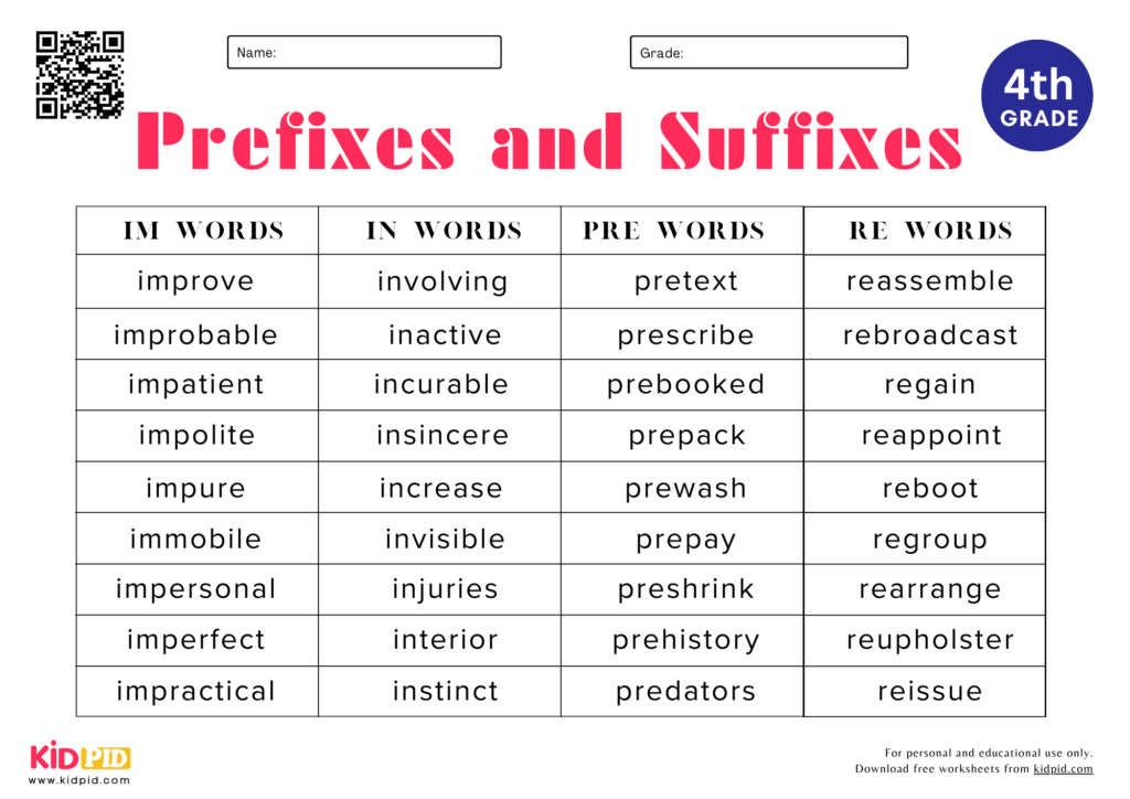 Prefixes & Suffixes Spelling List Worksheet For Grade 4