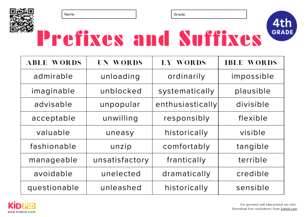 Prefixes & Suffixes Spelling List Worksheet For Grade 4