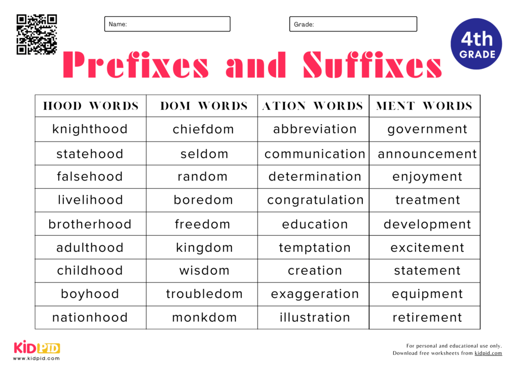 Prefixes & Suffixes Spelling List Worksheet For Grade 4