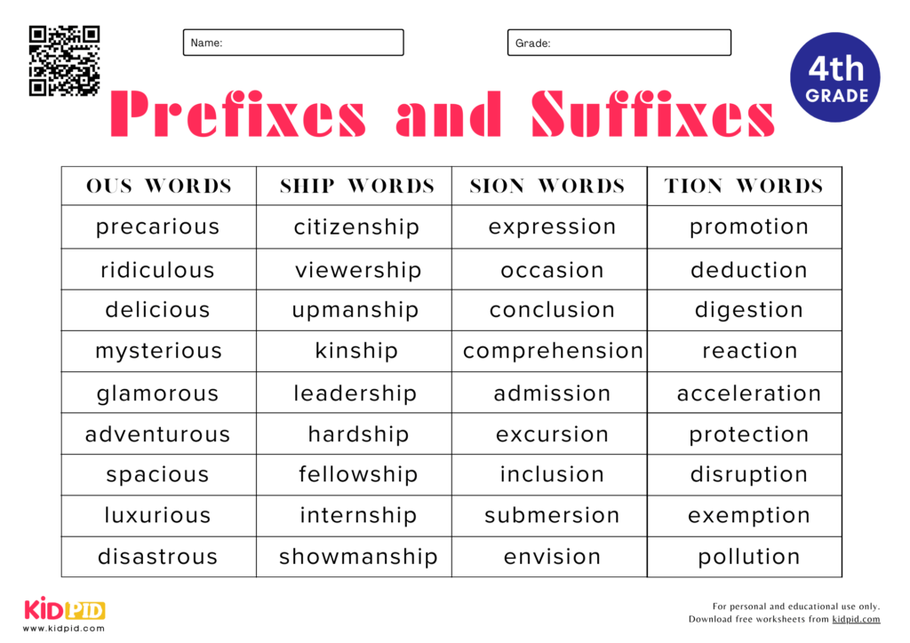 Prefixes & Suffixes Spelling List Worksheet For Grade 4