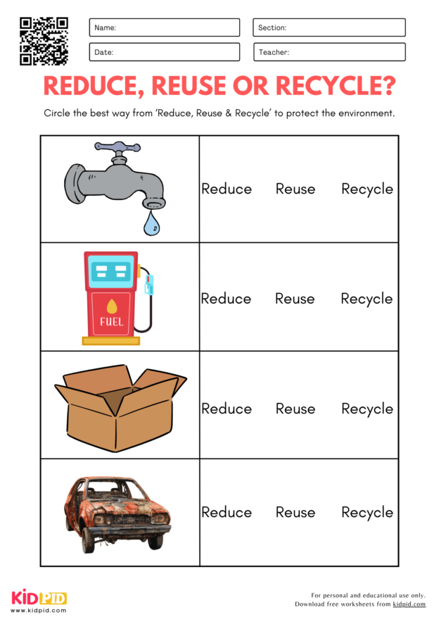 Reduce, Reuse and Recycle Identification Worksheet for Kindergarten ...