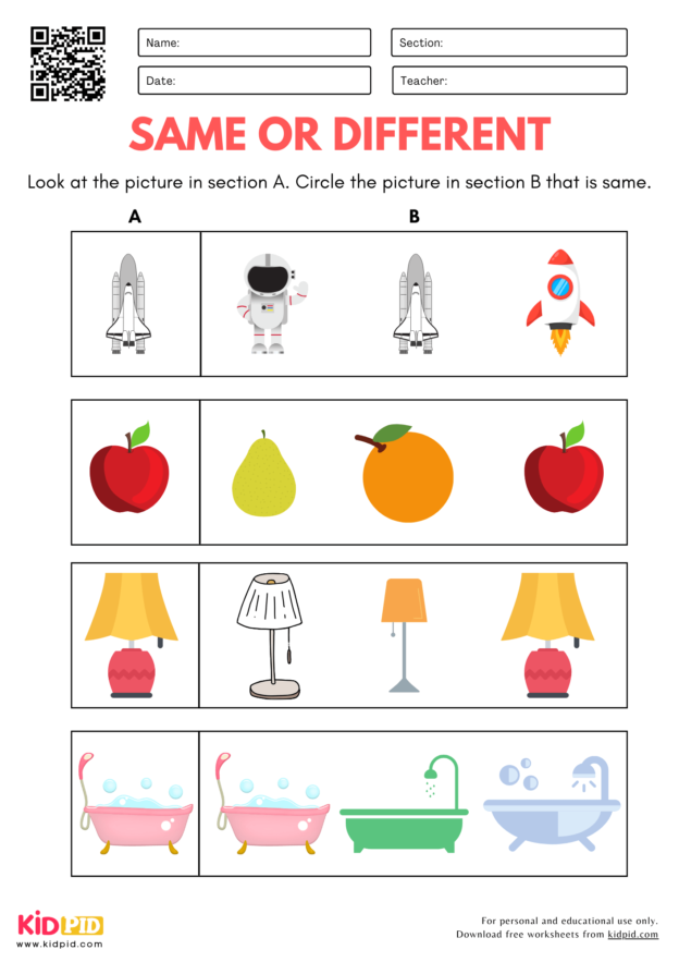 Same or Different Identification Worksheet for Kindergarten - Kidpid