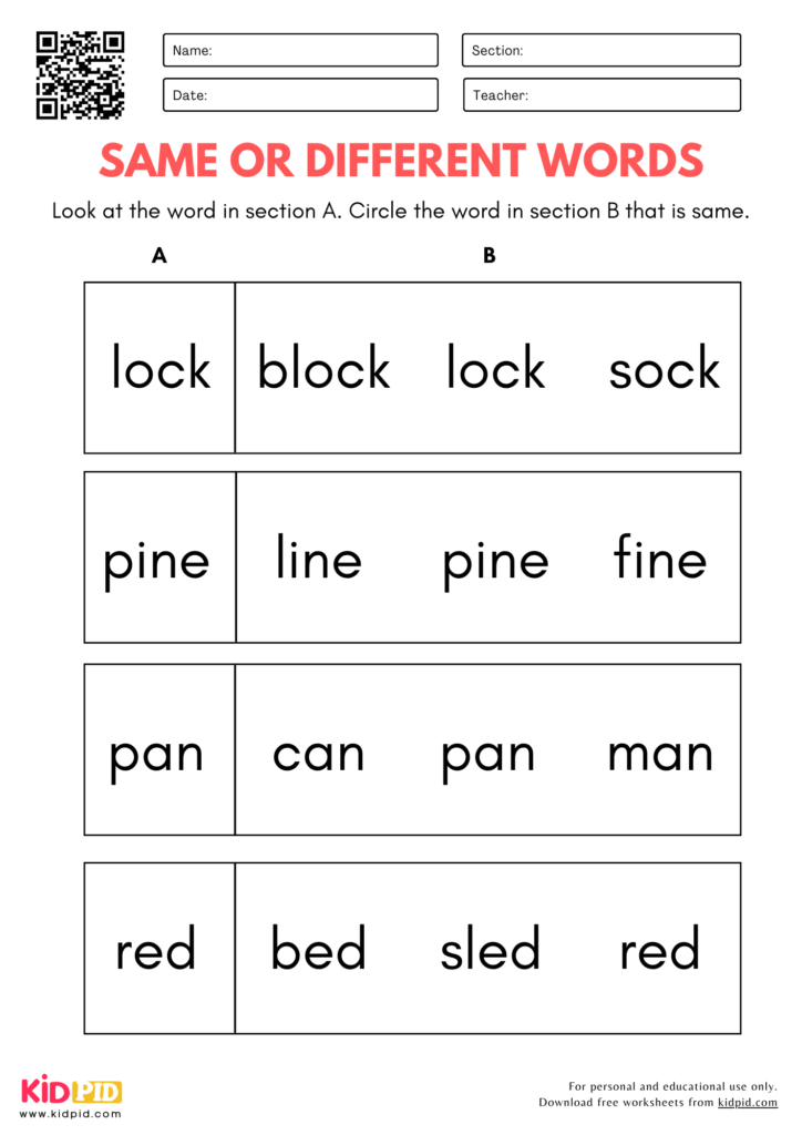 Same or Different Words Identification Worksheet for Kindergarten