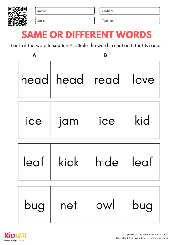 Same or Different Words Identification Worksheet for Kindergarten