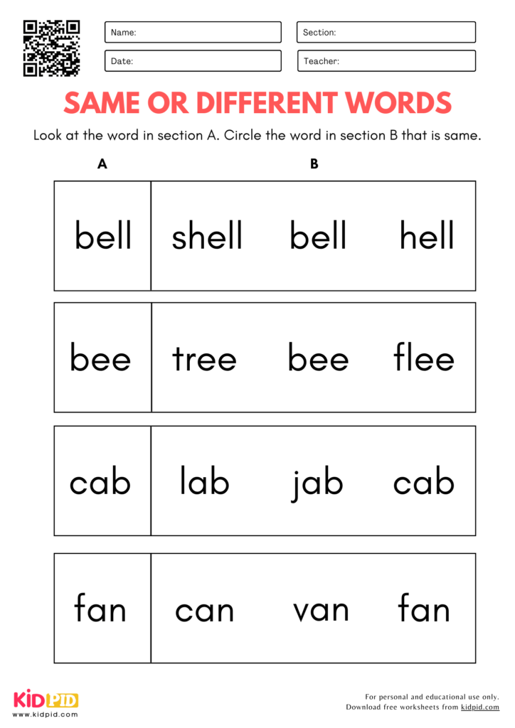 Same or Different Words Identification Worksheet for Kindergarten