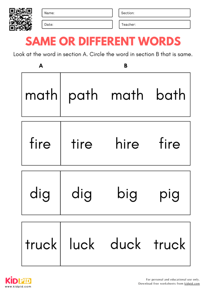 Same or Different Words Identification Worksheet for Kindergarten
