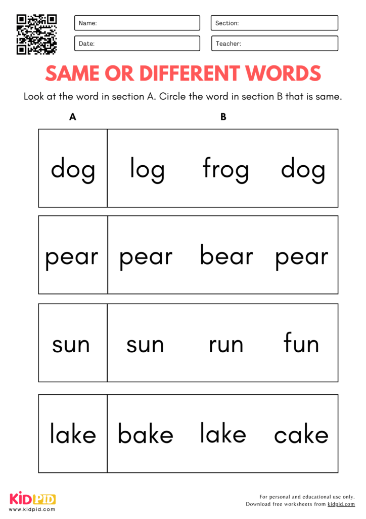 Same or Different Words Identification Worksheet for Kindergarten
