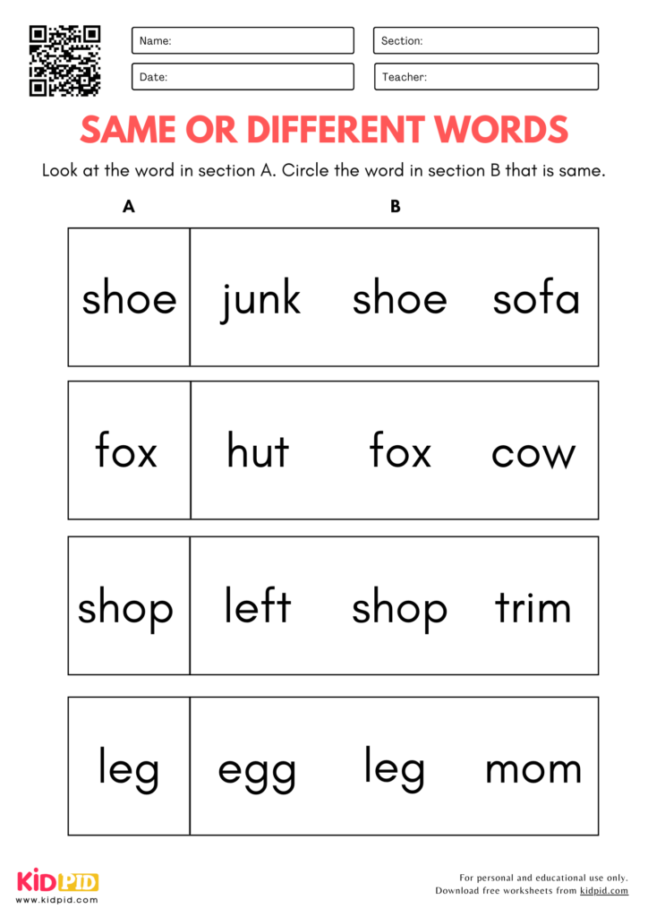 Same or Different Words Identification Worksheet for Kindergarten