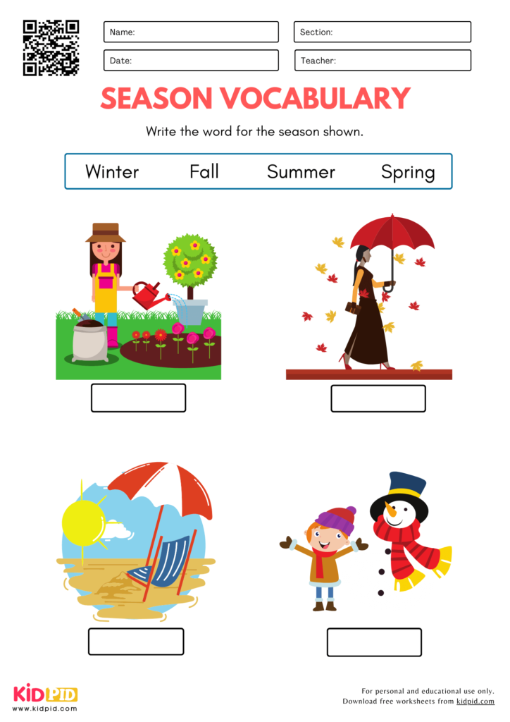 Season Words Practice Worksheet for Kindergarten