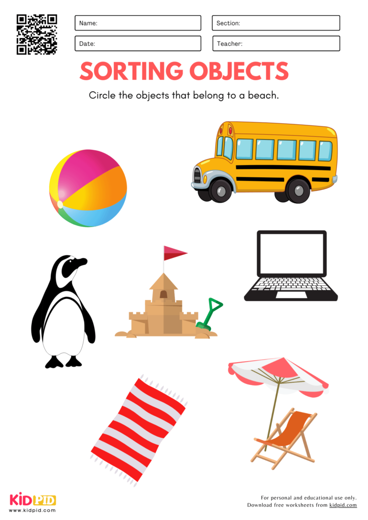 Sorting Objects Worksheet for Kindergarten