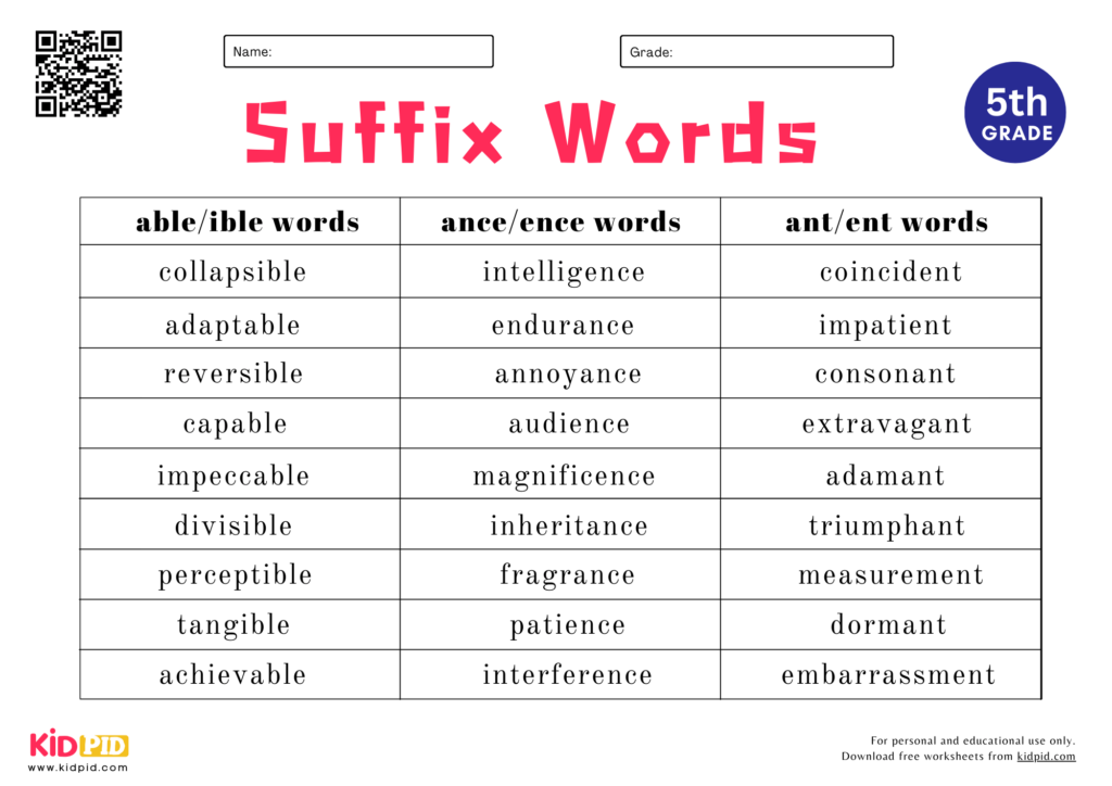 Suffix Words Spelling List Worksheet For Grade 5