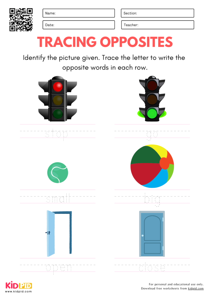Tracing Opposite Words Worksheets for Kindergarten
