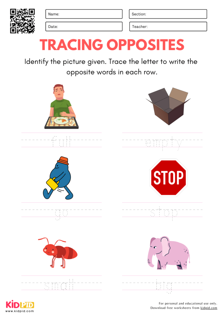 Tracing Opposite Words Worksheets for Kindergarten