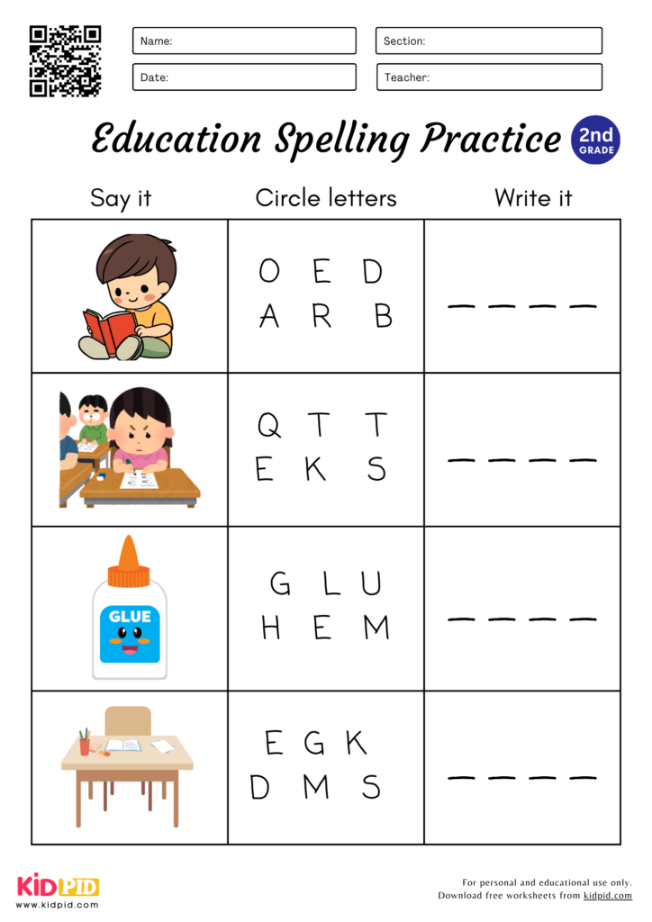 4 Letter Education Spelling Practice For Grade 2