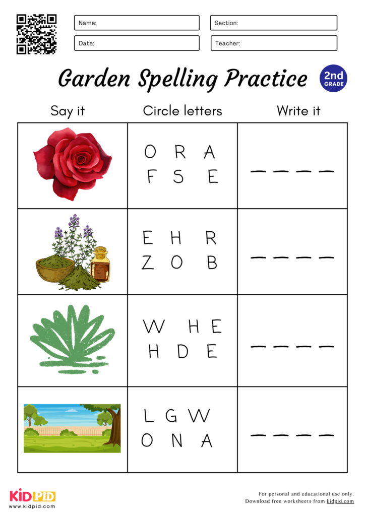 4 Letter Garden Spelling Worksheet For Grade 2