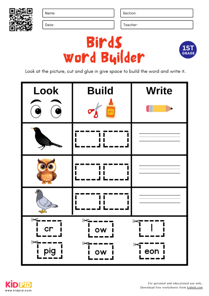 Birds Word Builder Worksheet For Grade 2