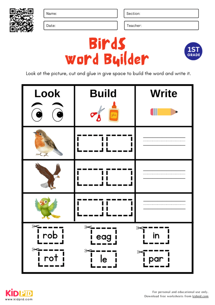 Birds Word Builder Worksheet For Grade 2