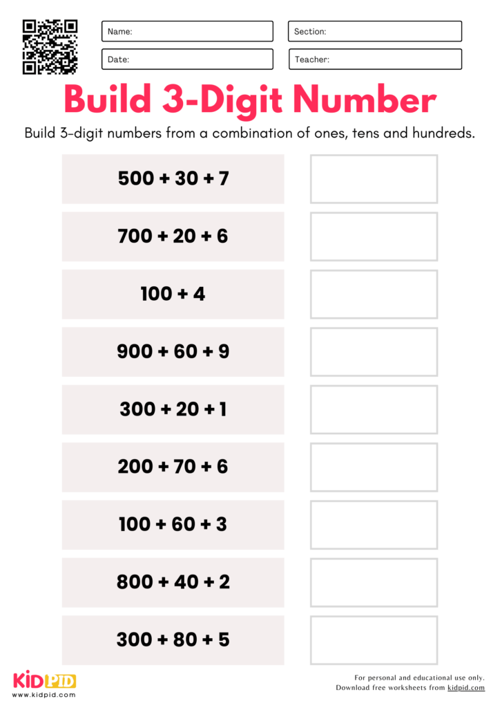 Build 3-Digit Numbers from Parts - Place Value Worksheets For Grade 3