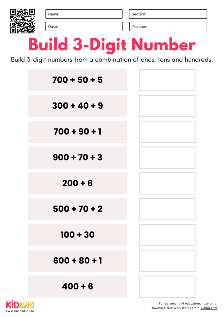 Build 3-Digit Numbers from Parts - Place Value Worksheets For Grade 3