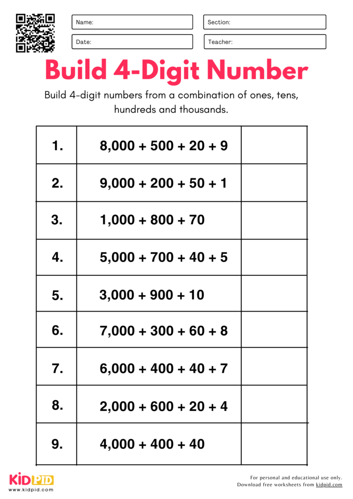 Build 4-Digit Numbers from Parts - Place Value Worksheet For Grade 4