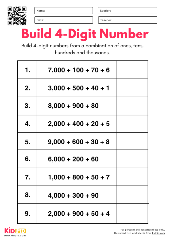 Build 4-Digit Numbers from Parts - Place Value Worksheet For Grade 4
