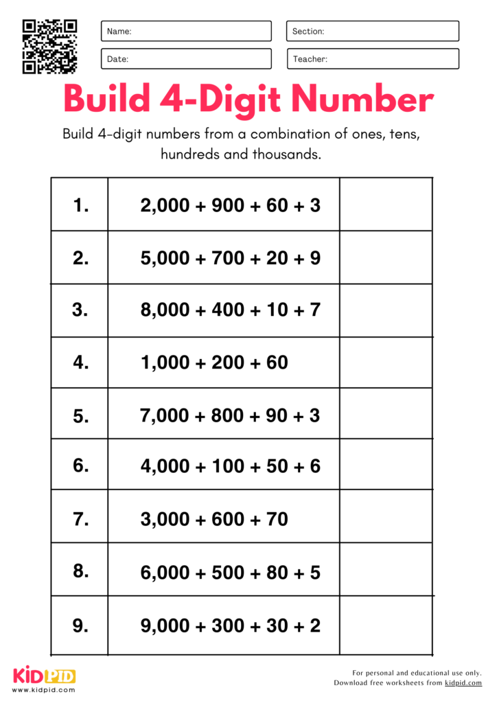 Build 4-Digit Numbers from Parts - Place Value Worksheet For Grade 4