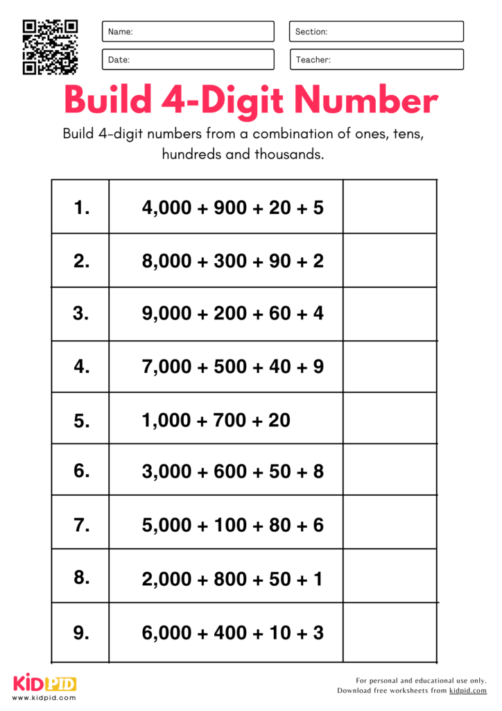 Build 4-Digit Numbers from Parts - Place Value Worksheets For Grade 3