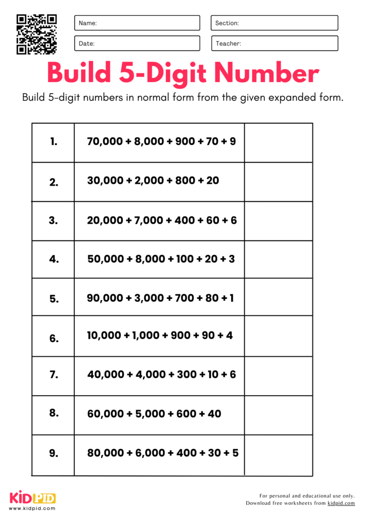 Build 5-Digit Numbers from Parts - Place Value Worksheet For Grade 4